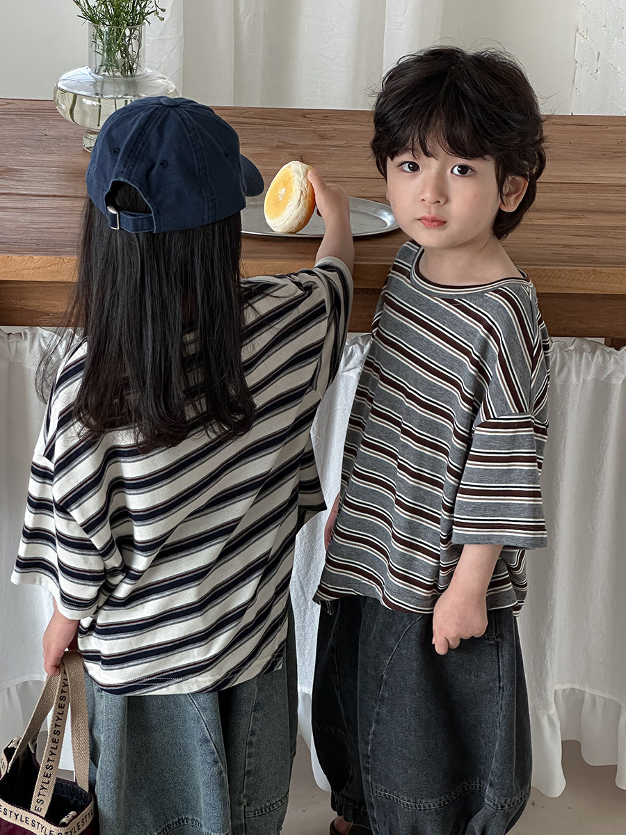 【80-140cm】條紋不規則寬鬆落肩袖T