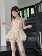 【90-160cm】碎花蝴蝶結網紗拖尾公主裙