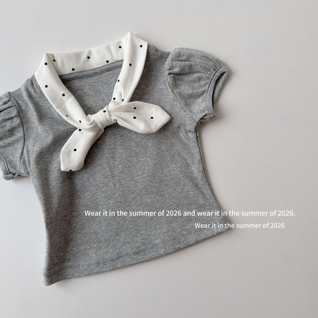 【90-150cm】復古波點蝴蝶結領短袖T