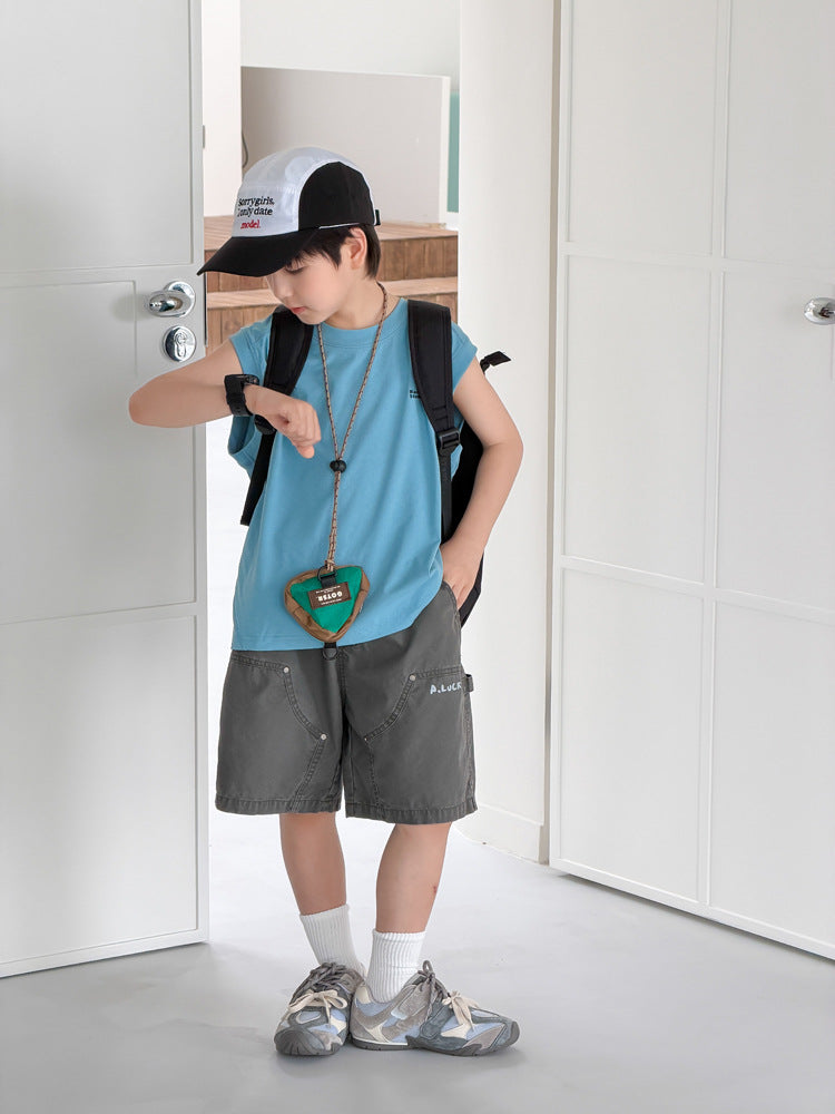 【100-170cm】復古拼接字母砂洗全棉工裝五分褲