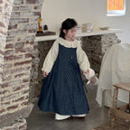 圓點繫帶長袖牛仔背心裙