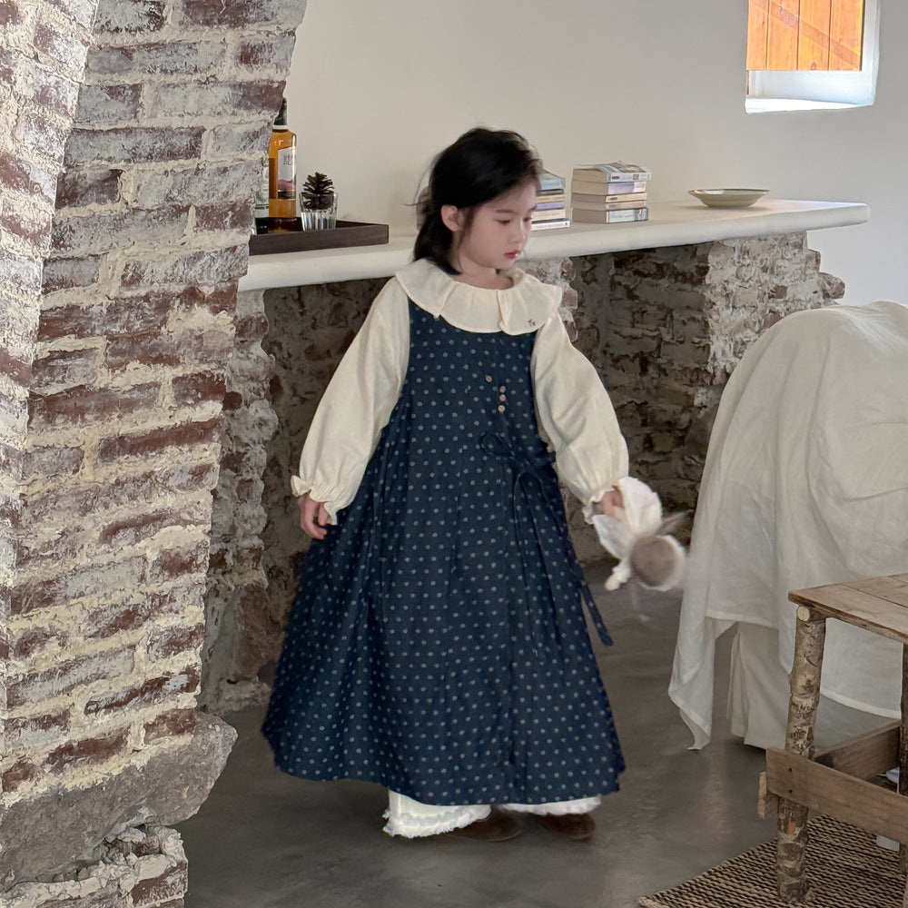 圓點繫帶長袖牛仔背心裙