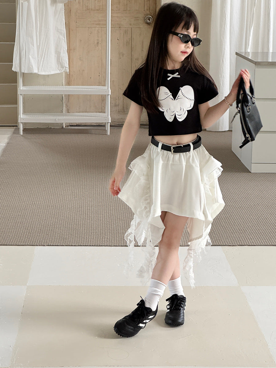 【100-150cm】【帶安全褲】蕾絲拼接不規則辣妹短裙
