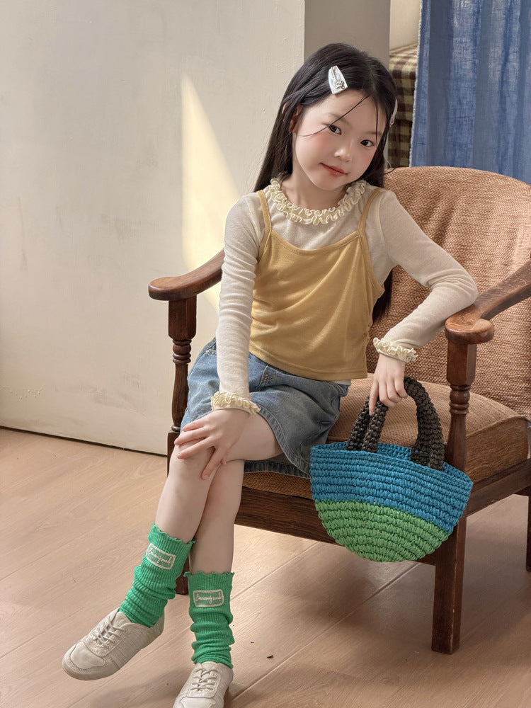 【100-170cm】法式花邊疊穿吊帶上衣兩件套
