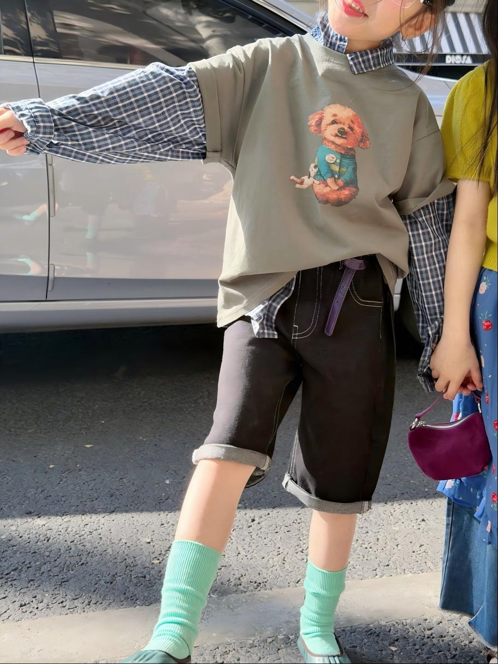 【90-140cm】狗狗短袖疊穿格子襯衫