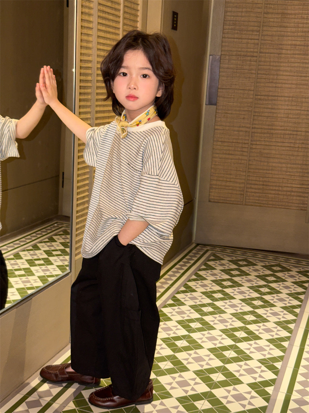 【90-150cm】韓版前後字母條紋短袖