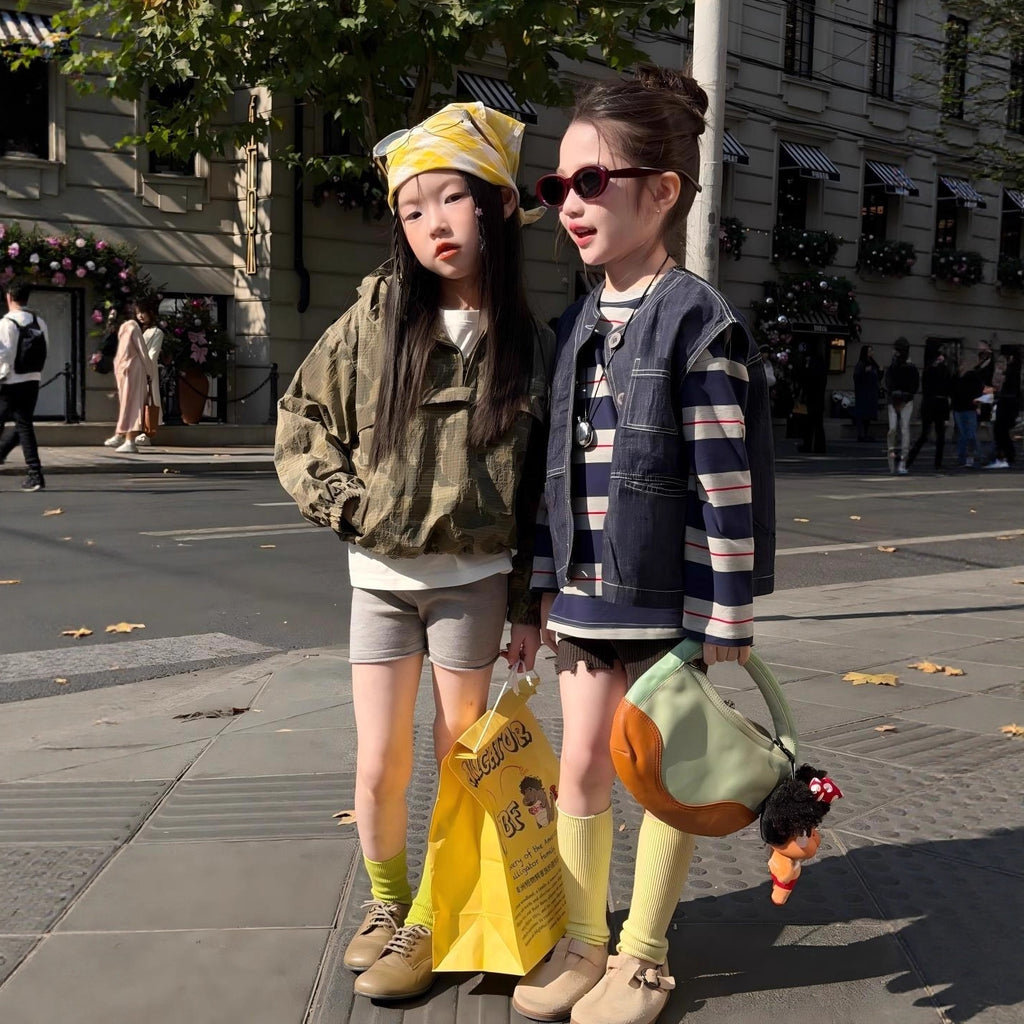 【90-140cm】寬鬆條紋T恤 | 牛仔馬甲 | 不規則針織短褲