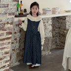 圓點繫帶長袖牛仔背心裙