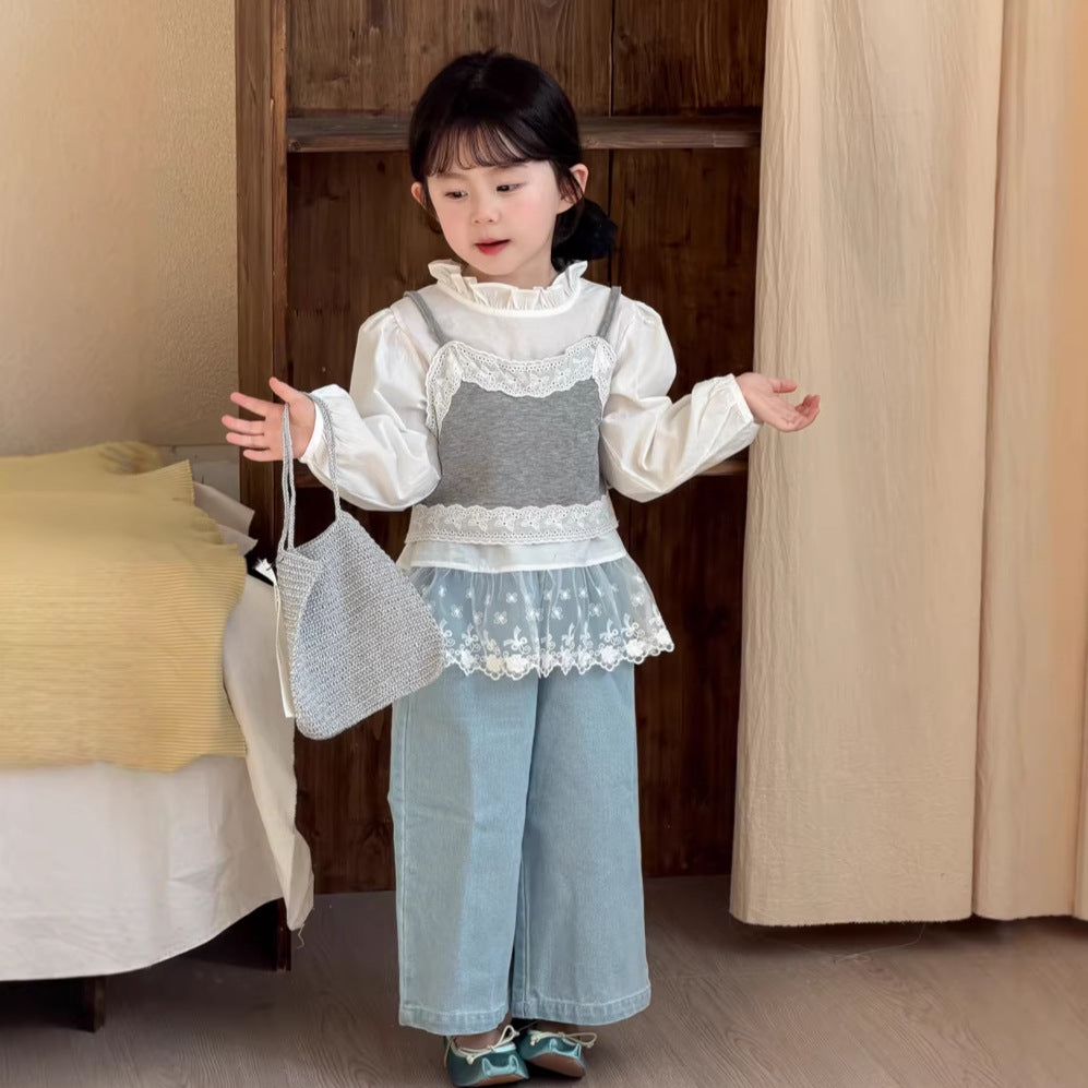 【90-140cm】小清新蕾絲花邊吊帶襯衫