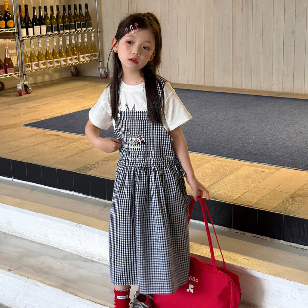 【100-160cm】韓版卡通格紋吊帶裙