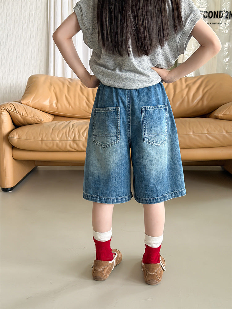 【100-170cm】休閒貼標牛仔五分褲