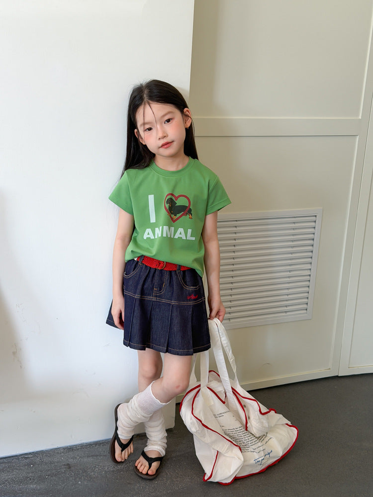【100-170cm】臘腸狗愛心印花辣妹短版T