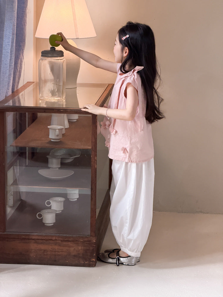 【100-170cm】蝴蝶結繫帶立體花朵娃娃衫 | 蕾絲防蚊褲