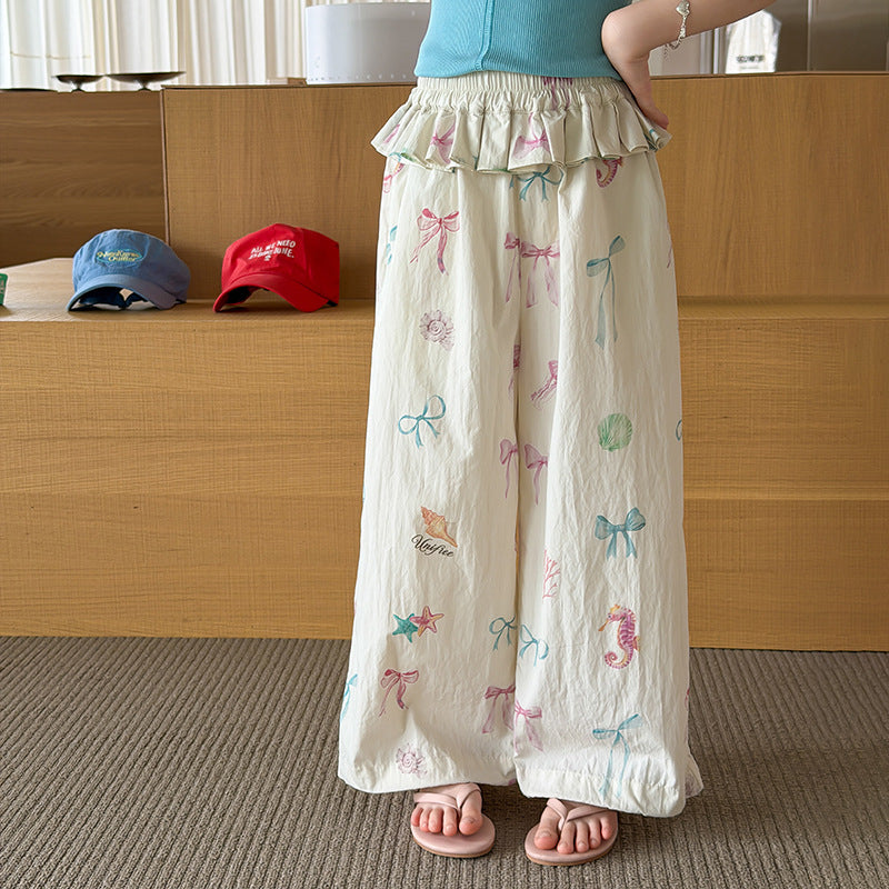 【100-170cm】彩色蝴蝶結屁簾直筒褲