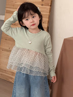 【90-140cm】(2色)波點網紗拼接公主蓬蓬裙上衣