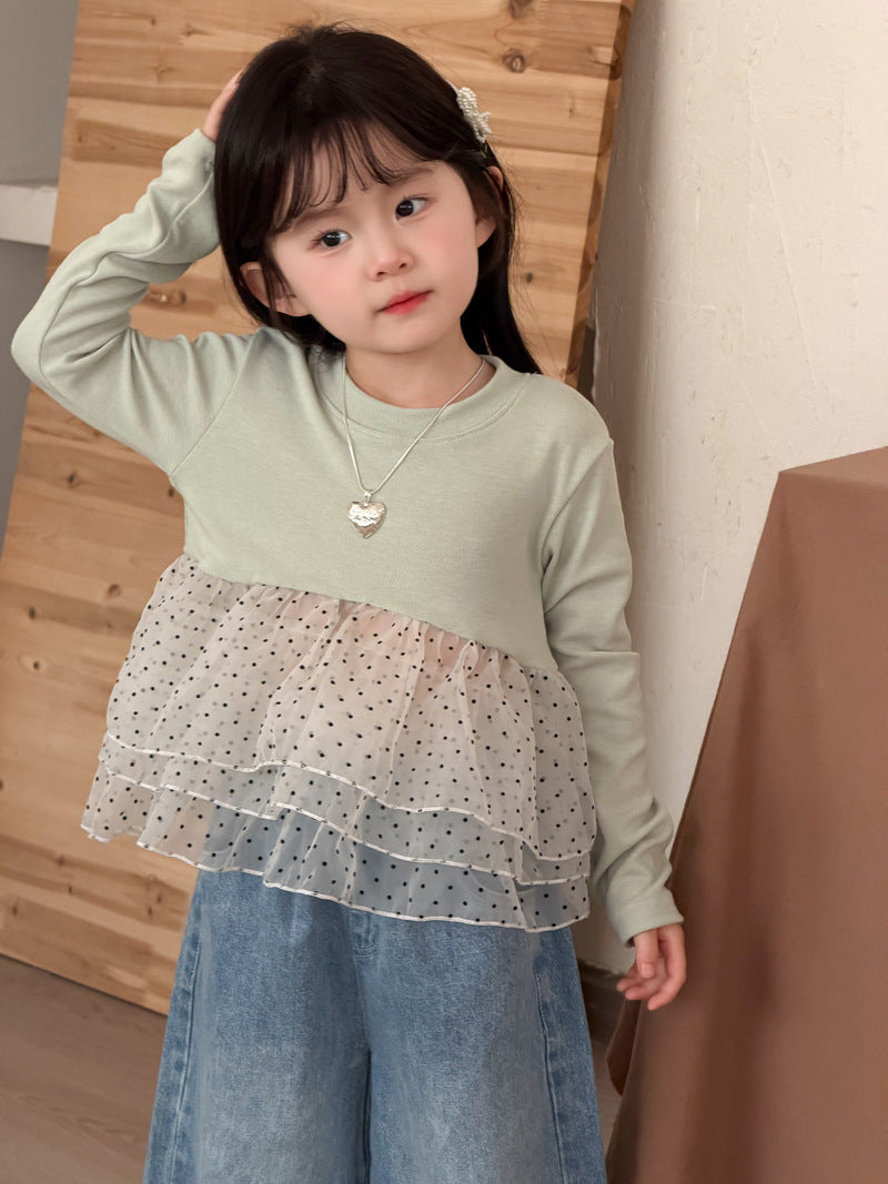 【90-140cm】(2色)波點網紗拼接公主蓬蓬裙上衣