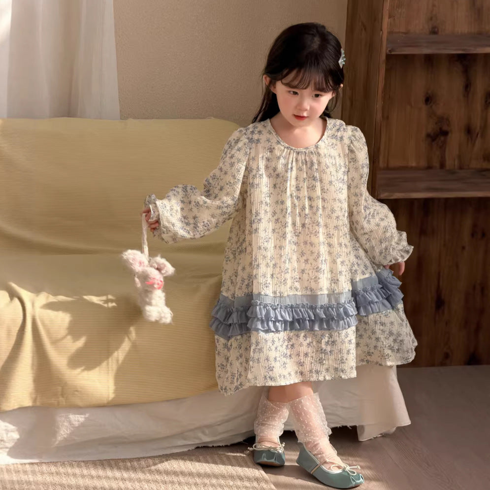 【90-140cm】雪紡碎花連身裙 | 小清新拼條公主連身裙