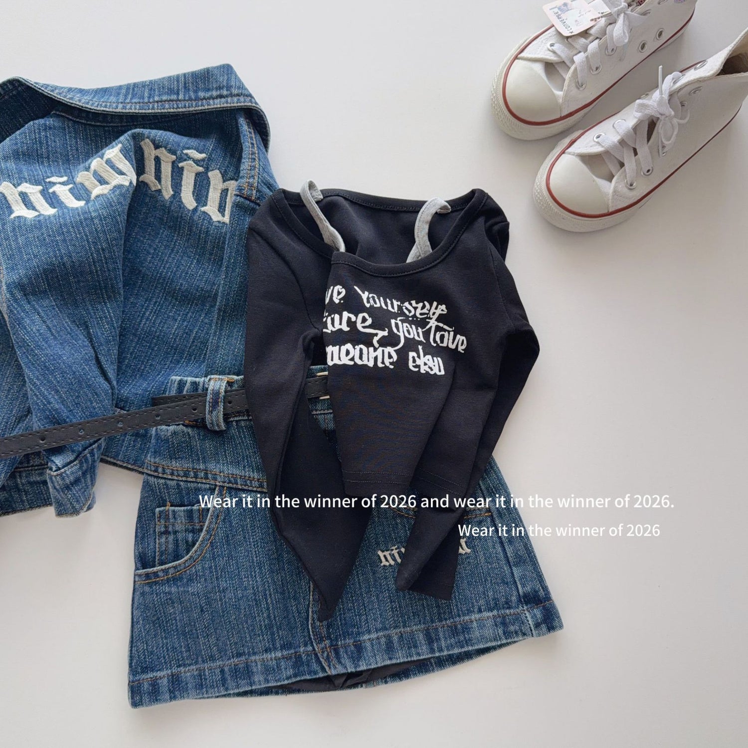 【90-160cm】【附皮帶】【安全褲】甜酷刺繡字母牛仔套裝