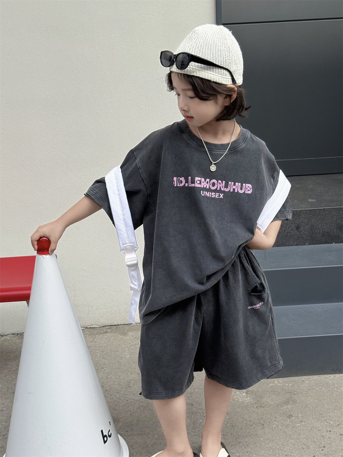 【100-160cm】韓系做舊字母印花休閒套裝