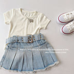 【90-150cm】荷葉邊鬆緊高腰牛仔百褶裙