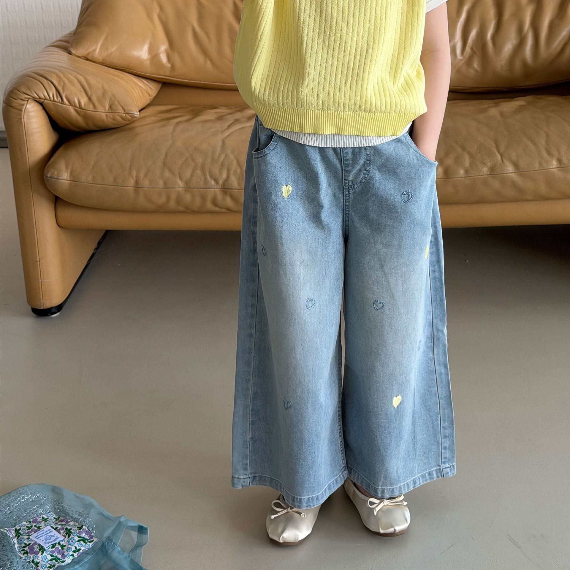 【100-160cm】韓版刺繡愛心牛仔褲