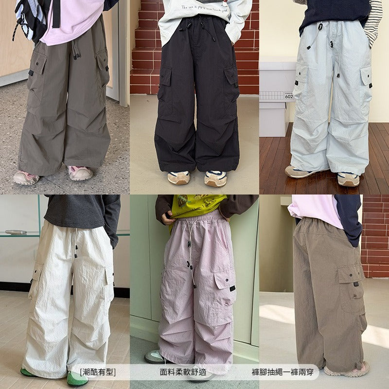 【100-170cm】抽繩寬鬆大口袋工裝褲