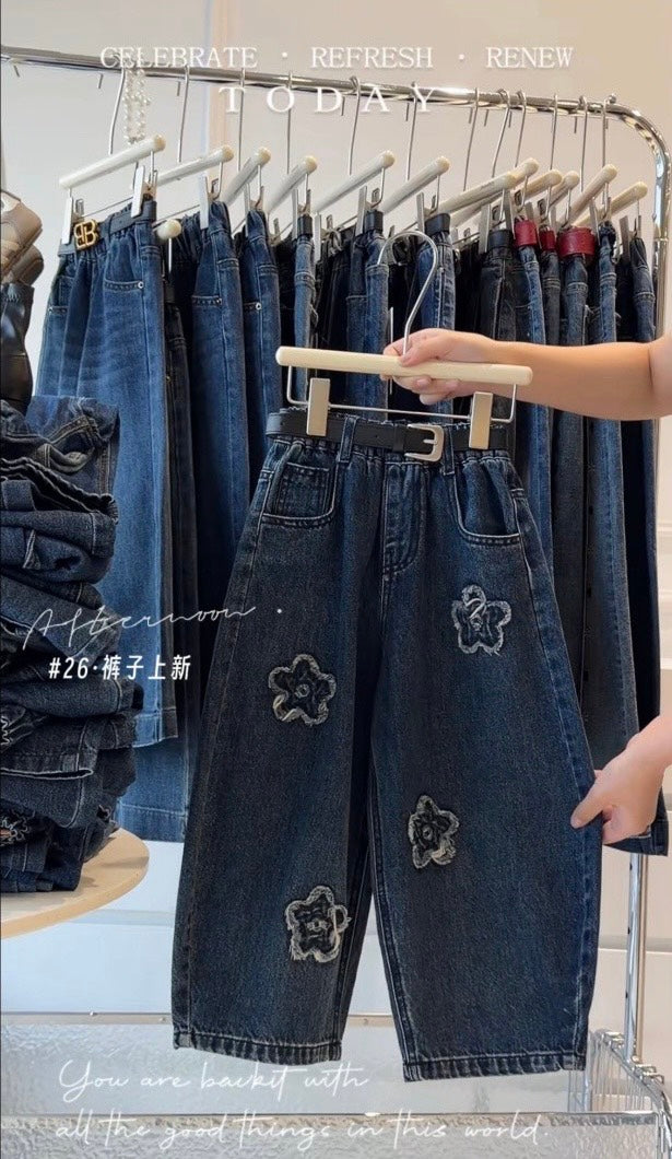 限定款 | 110-170cm 毛邊花朵牛仔老爹褲