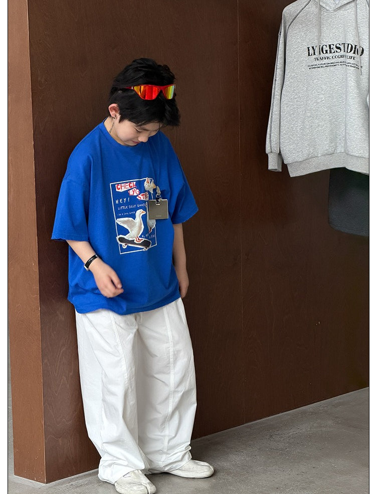 【100-160cm】酷帥男孩滑板鵝寬版T