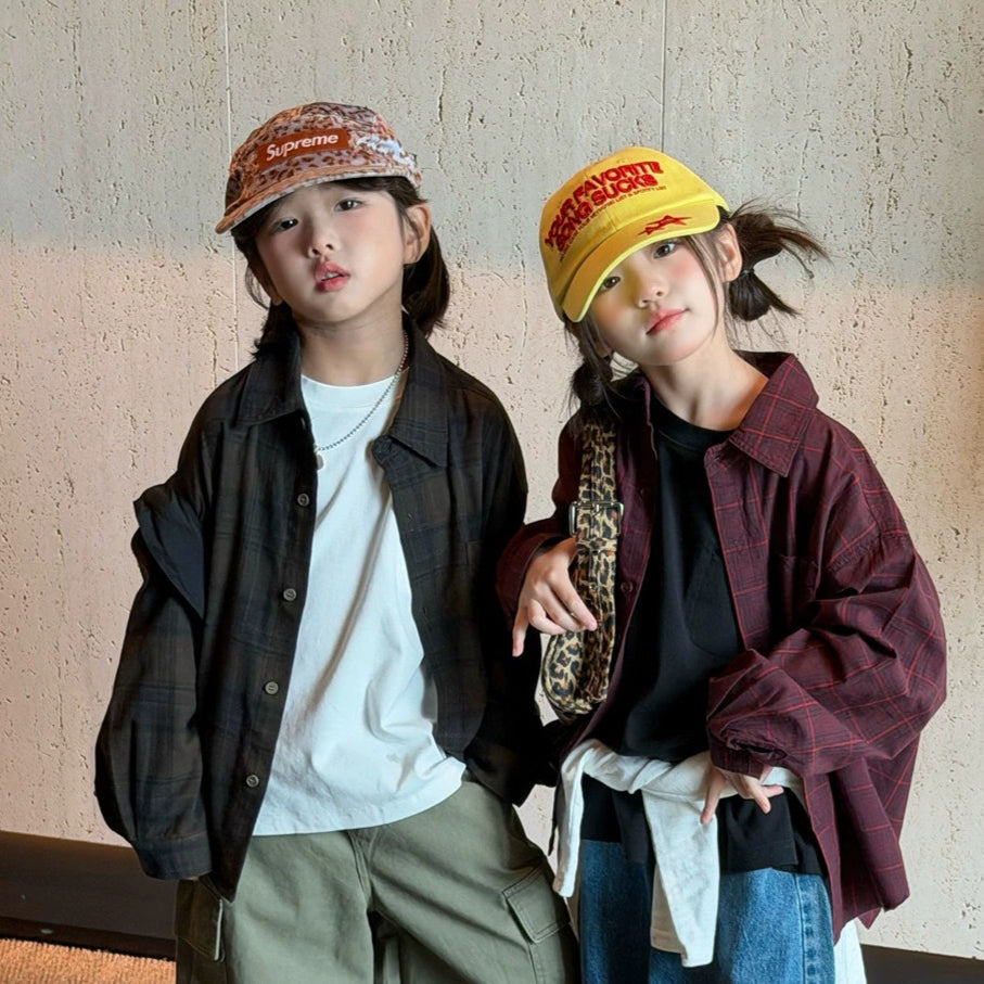 【90-160cm】(2色)寬鬆格子字母襯衫外套