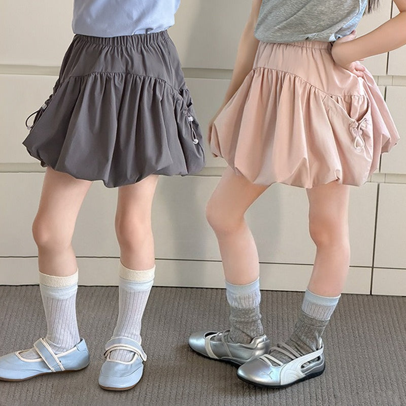 【100-170cm】甜美可愛雙側抽繩褶皺花苞短裙