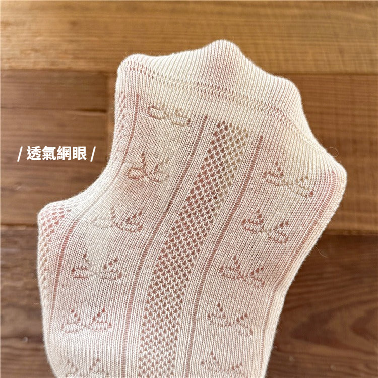 奶油色花邊蝴蝶結網眼中筒襪(五入組)