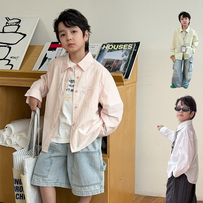 【100-170cm】純色寬鬆口袋襯衫