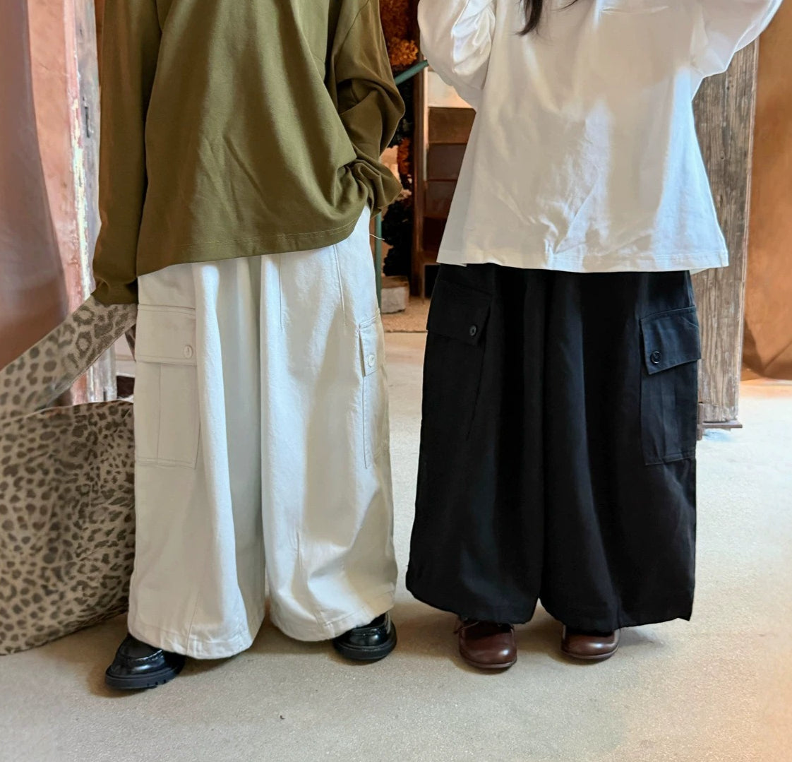 【90-160cm】(3色)口袋抽繩休閒闊腿褲
