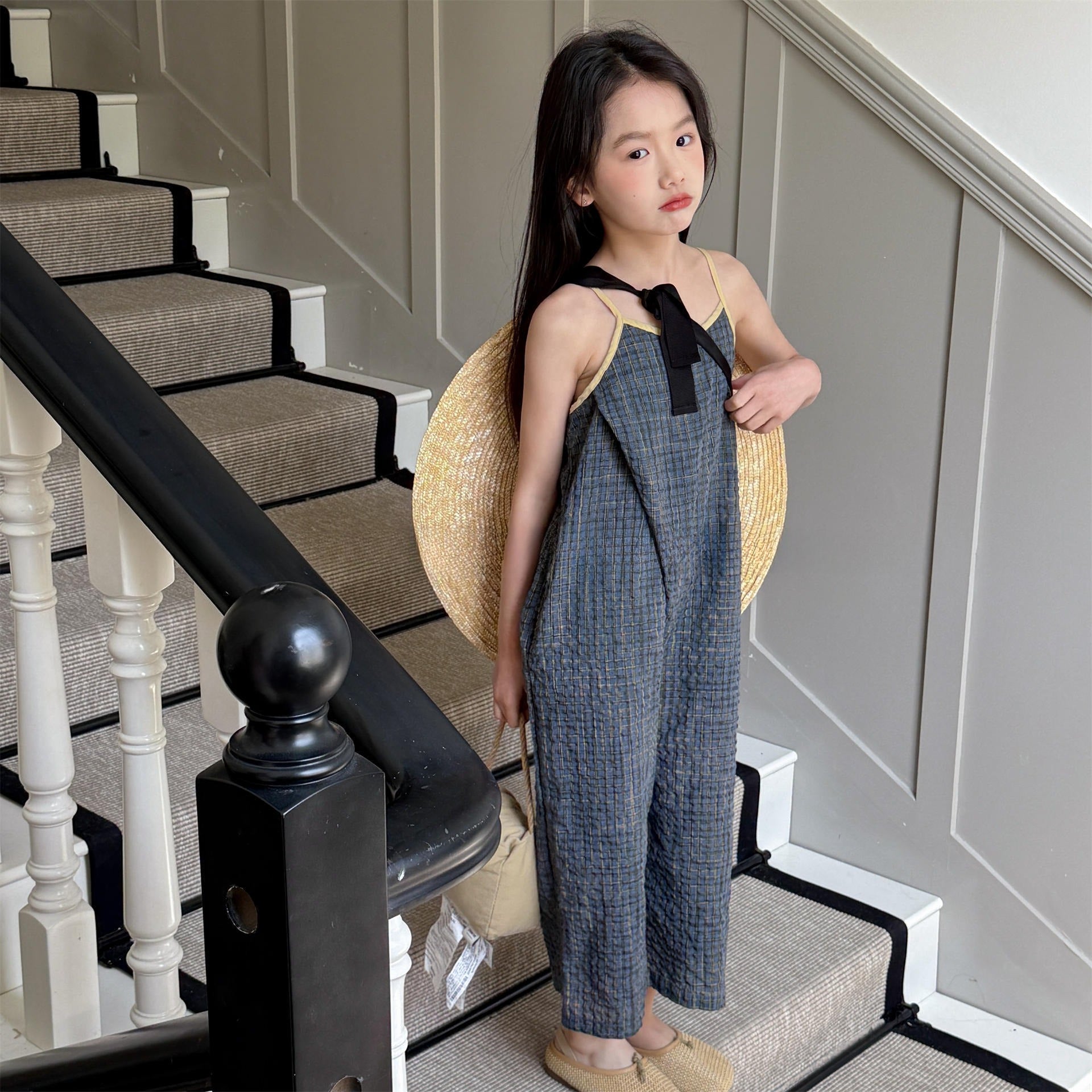 【80-130cm】(3色)格子闊腿吊帶褲