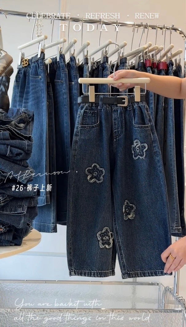 限定款 | 110-170cm 毛邊花朵牛仔老爹褲