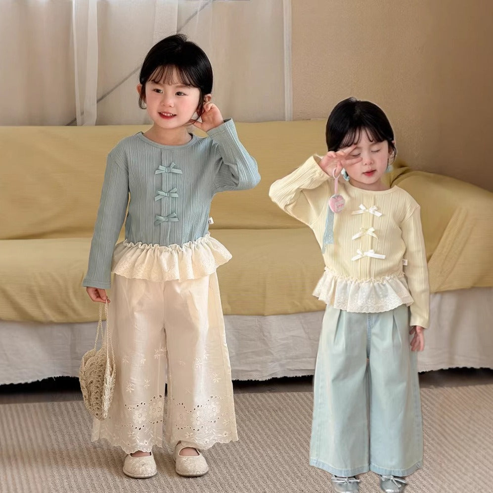 【90-140cm】蕾絲花邊蝴蝶結上衣