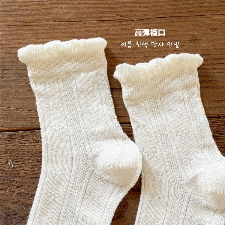 奶油色花邊蝴蝶結網眼中筒襪(五入組)