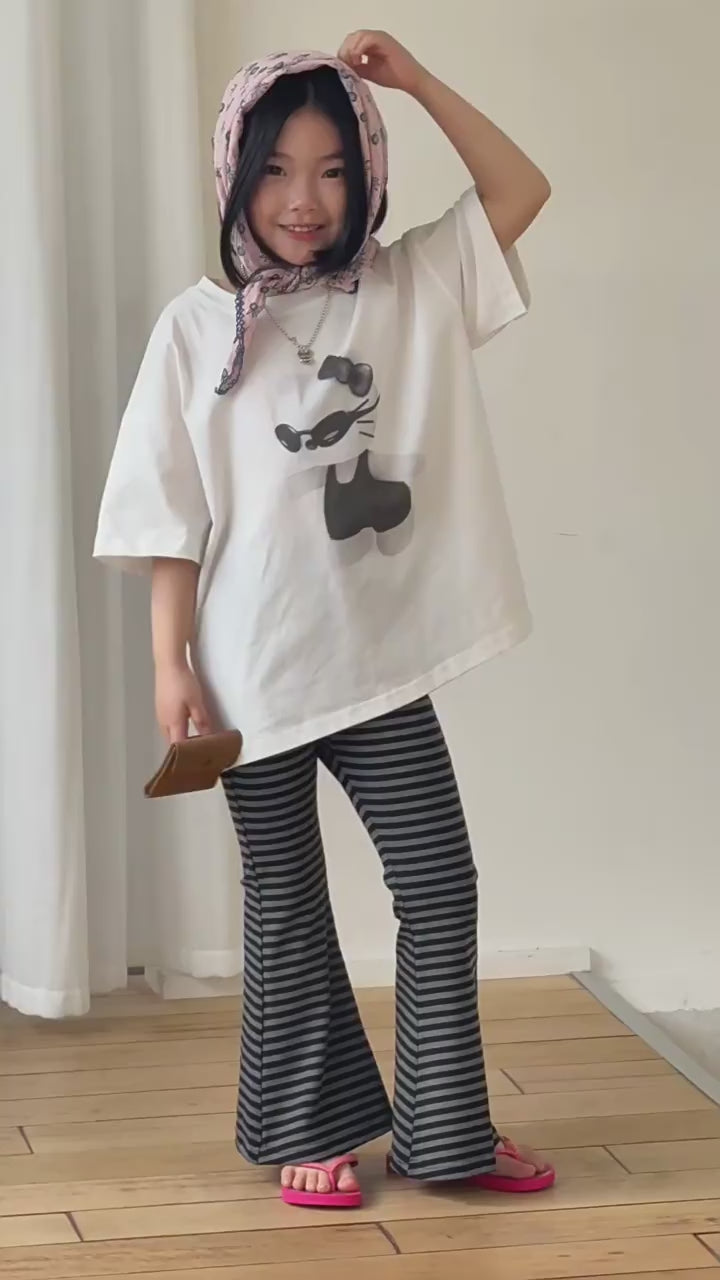 【120-160cm】條紋垂感彈性喇叭褲